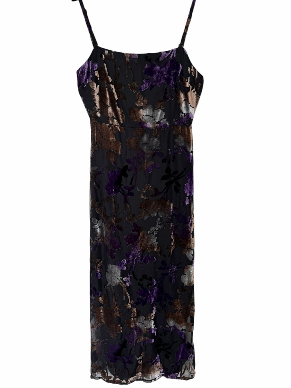 ✅ NWT Taylor Black Midi Slip Dress with Purple and Brown Floral Burbout Velvet 2